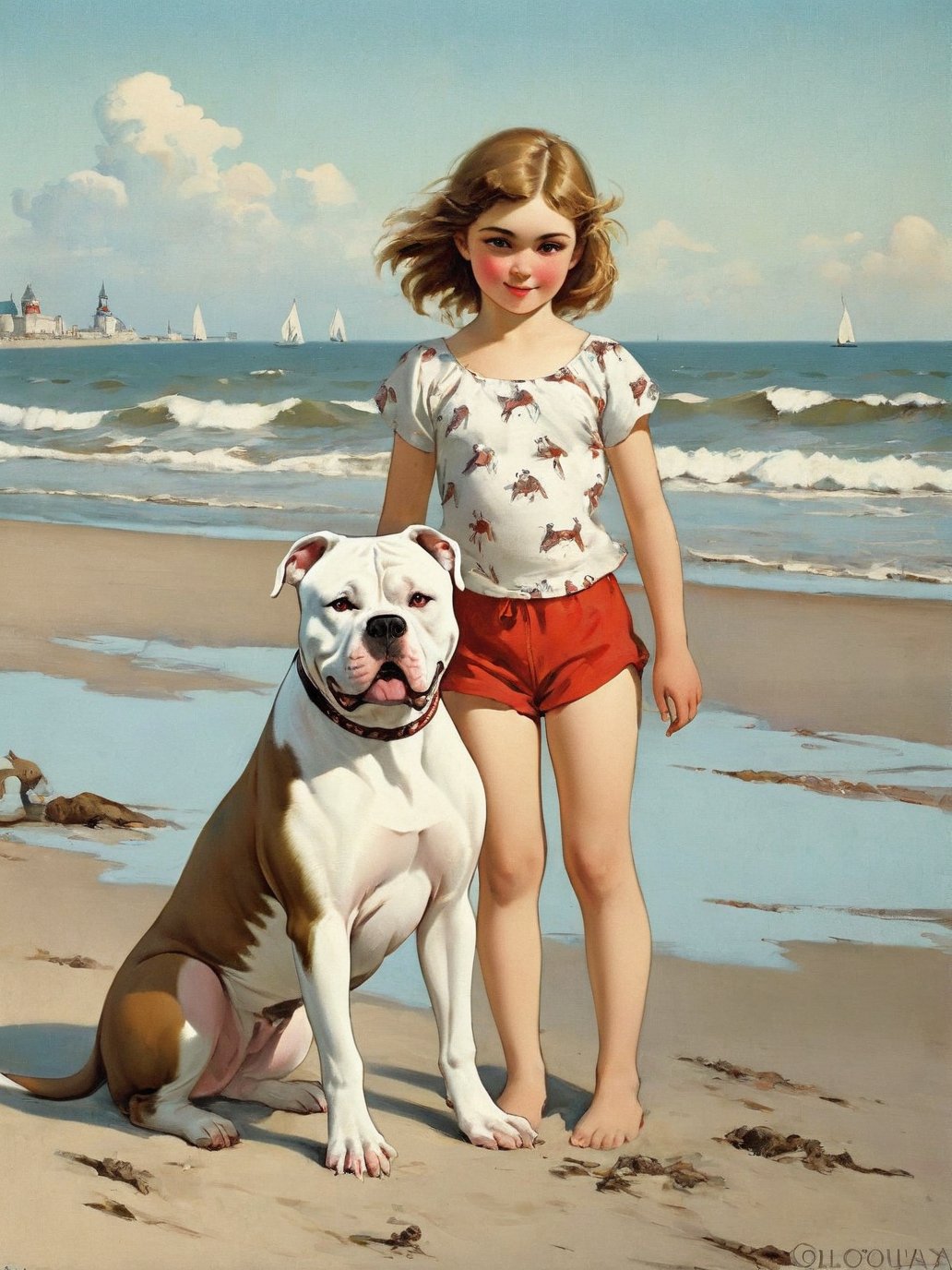 00123-167637118-a girl on the beach surrounded by American Bulldog Russian popular print.jpg